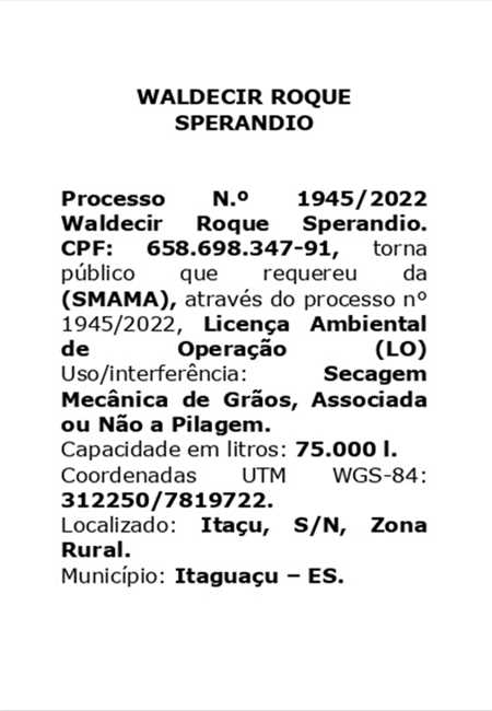 LICENÇA AMBIENTAL REQUERIDA - WALDECIR ROQUE SPERANDIO